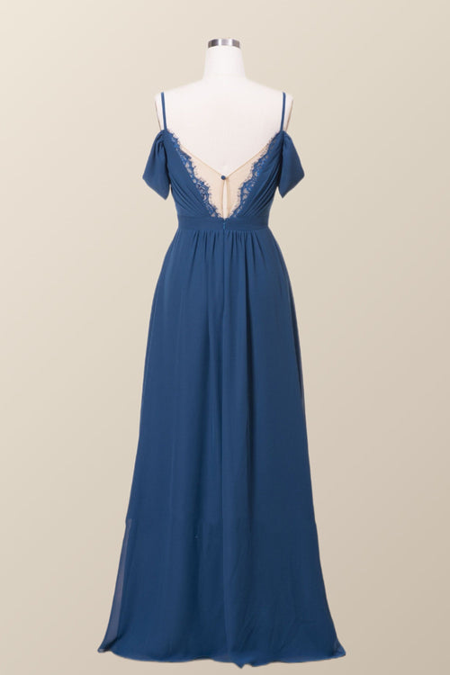 Off the Shoulder Navy Blue Chiffon Long Bridesmaid Dress
