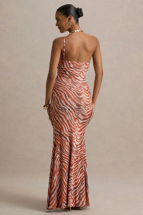 Florica | Zebra Print Mesh Asymmetric Maxi Dress With Split