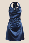 Navy Blue Cowl Neck Halter Soft Satin Mini Dress