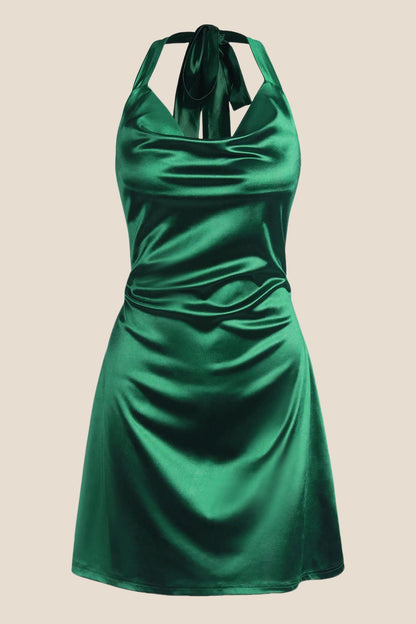 Navy Blue Cowl Neck Halter Soft Satin Mini Dress
