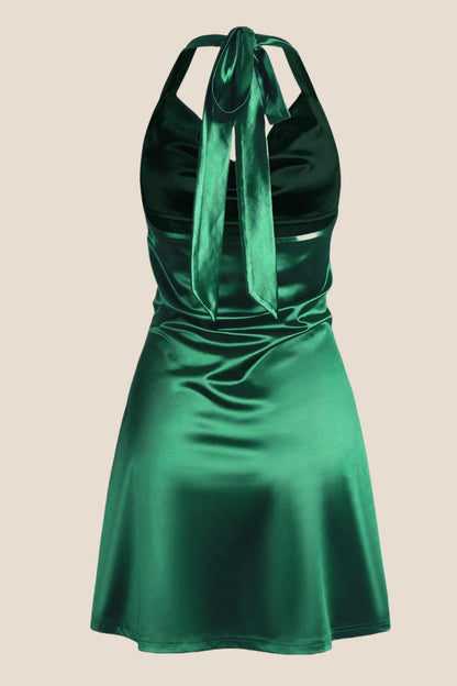 Navy Blue Cowl Neck Halter Soft Satin Mini Dress