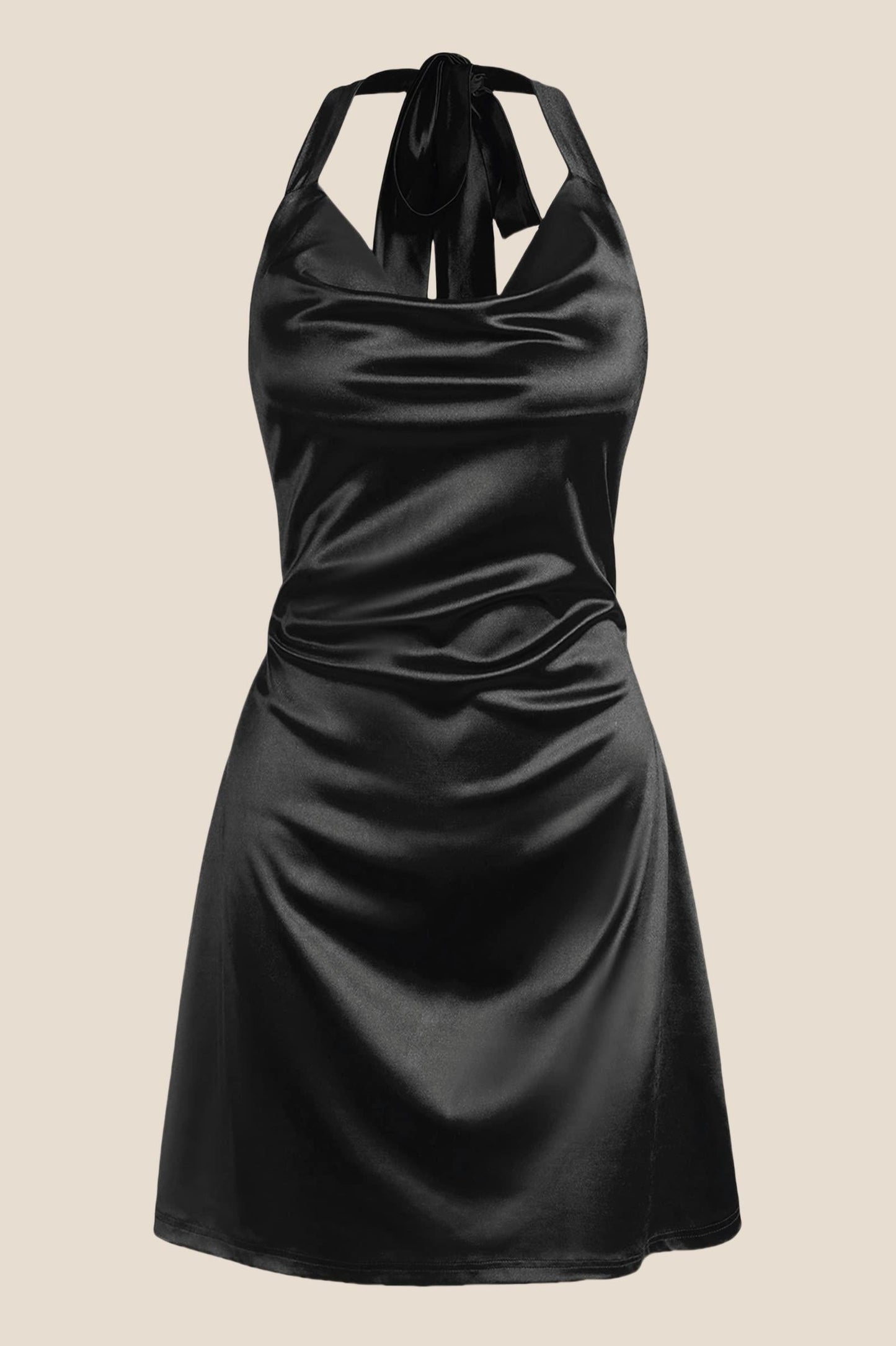 Navy Blue Cowl Neck Halter Soft Satin Mini Dress