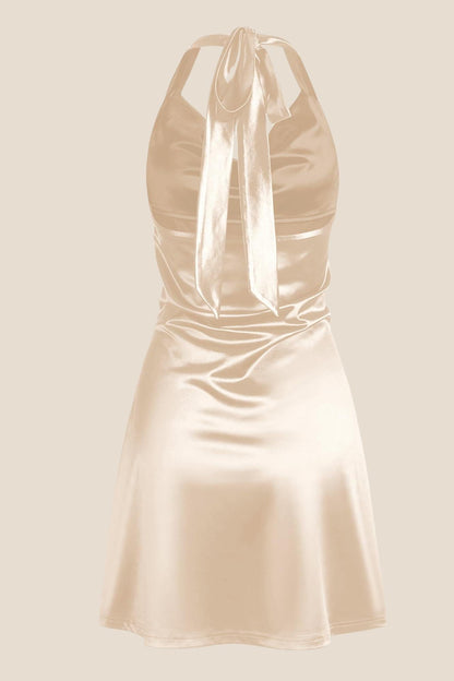 Navy Blue Cowl Neck Halter Soft Satin Mini Dress