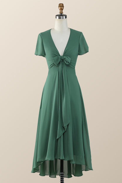 Knot Front Green Chiffon Long Bridesmaid Dress