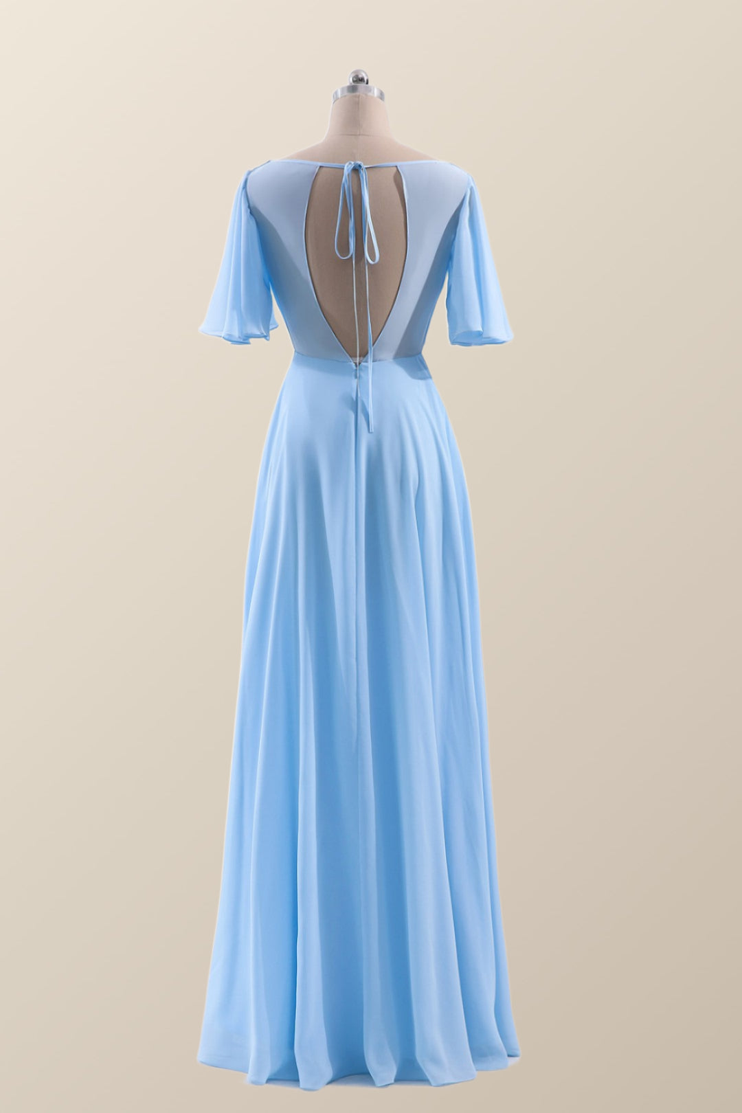 Flare Sleeves Blue Chiffon A-line Long Bridesmaid Dress
