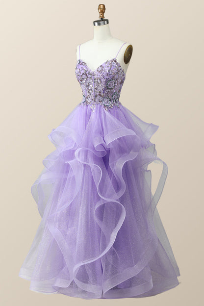 Beaded Lavender Ruffles A-line Long Prom Dress