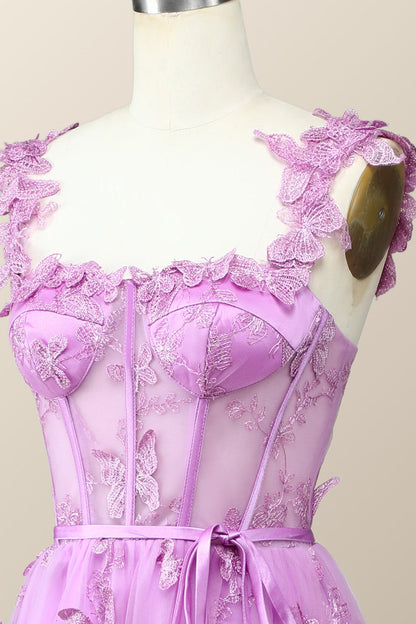 Lilac Butterfly Tulle A-line Midi Homecoming Dress