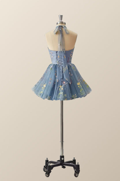 High Neck Blue Floral A-line Short Dress