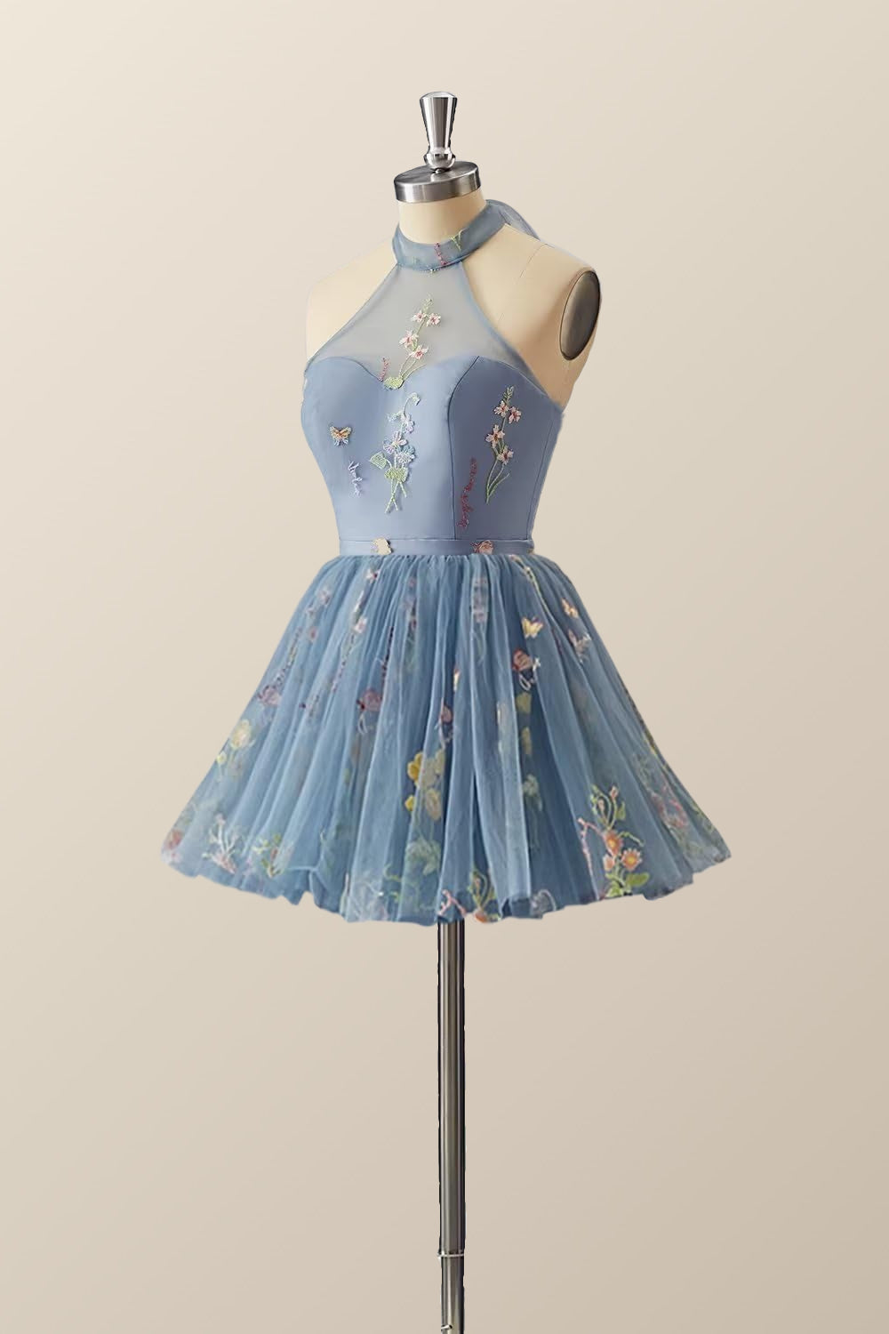High Neck Blue Floral A-line Short Dress
