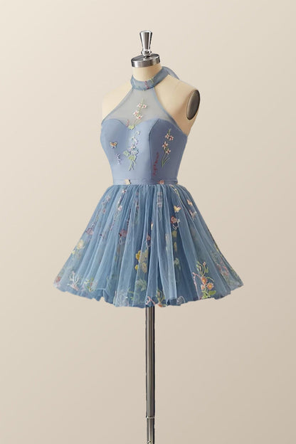 High Neck Blue Floral A-line Short Dress