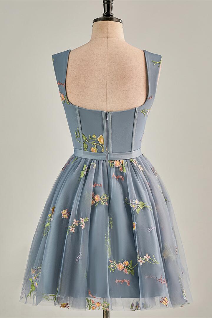 Cap Sleeves Green Floral Short Dress