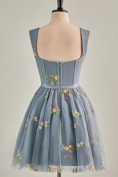 Cap Sleeves Green Floral Short Dress