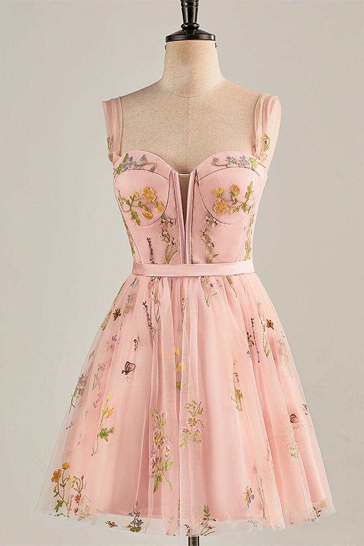 Cap Sleeves Green Floral Short Dress