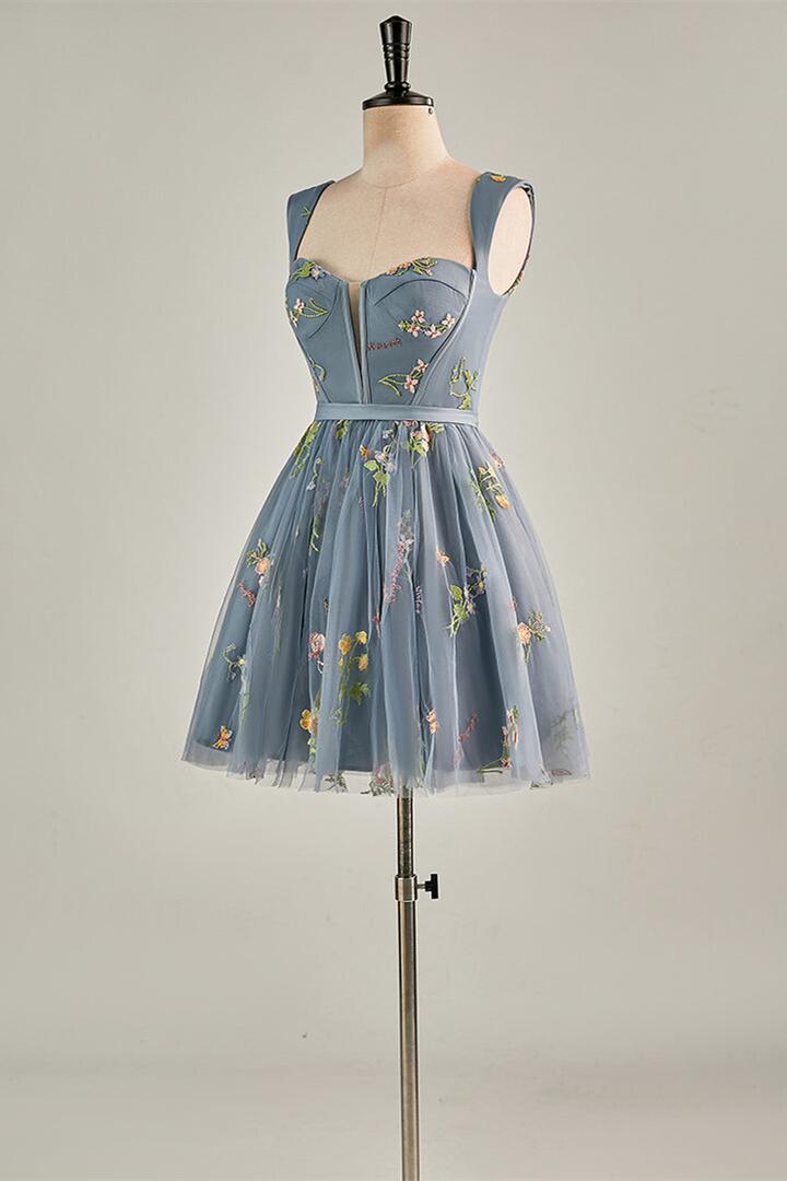 Cap Sleeves Green Floral Short Dress