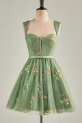 Cap Sleeves Green Floral Short Dress
