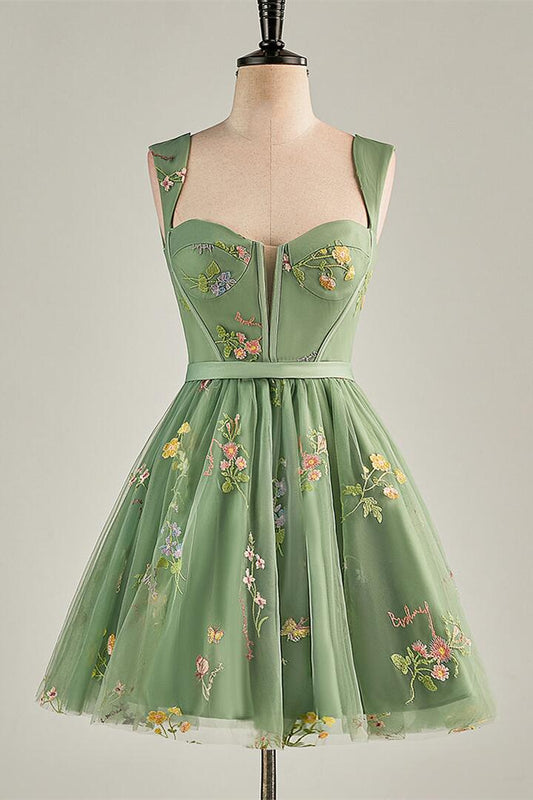Cap Sleeves Green Floral Short Dress