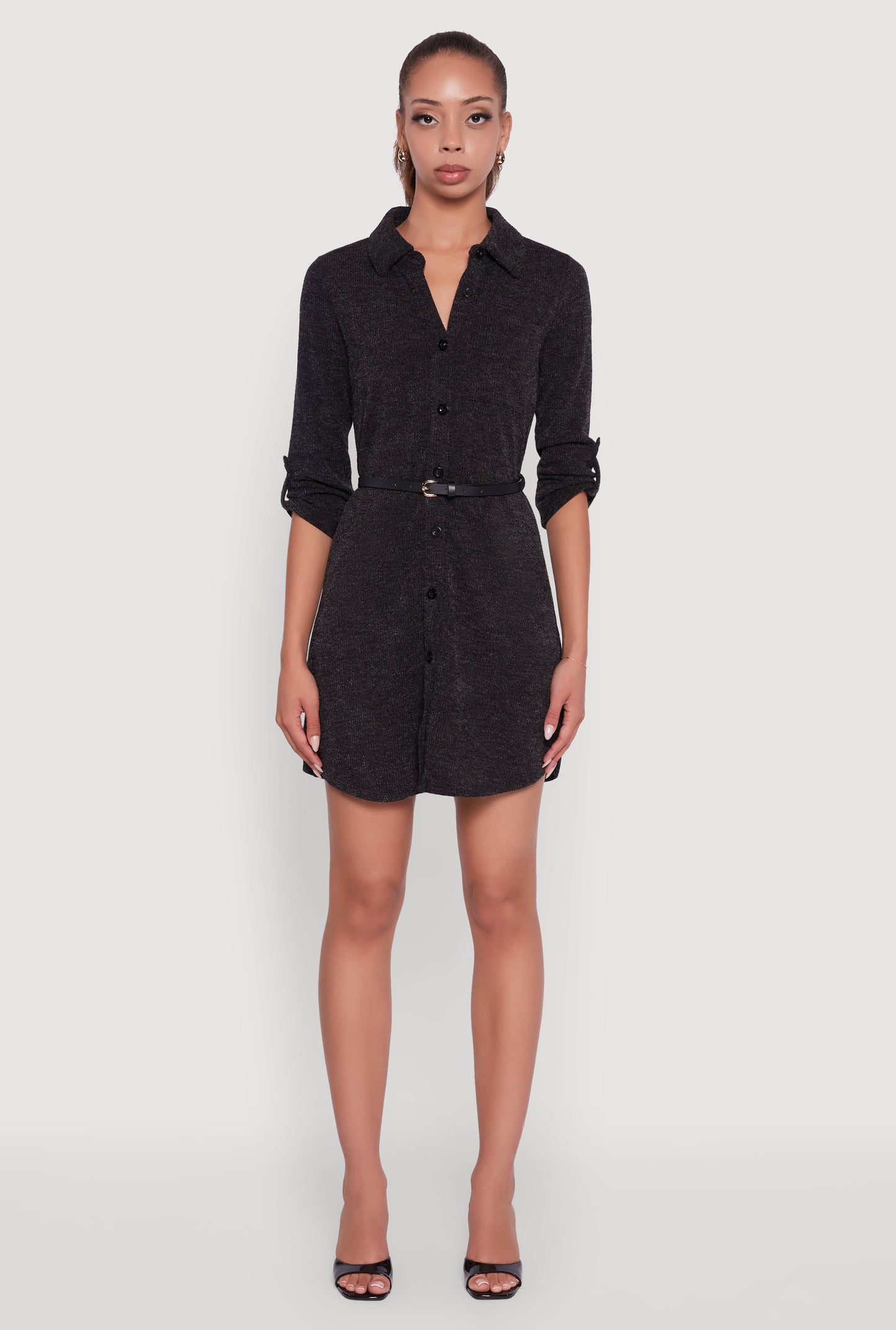 Marled Brushed Rib Knit Shirt Dress with Belt