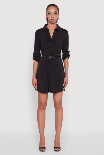 Marled Brushed Rib Knit Shirt Dress with Belt