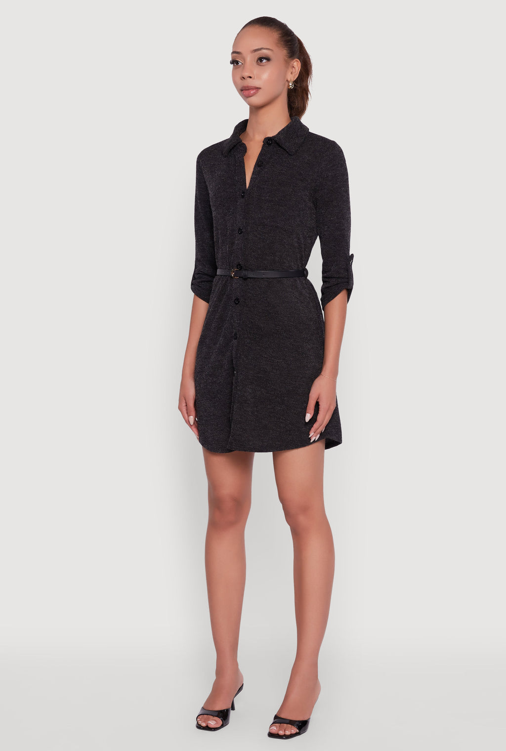 Marled Brushed Rib Knit Shirt Dress with Belt