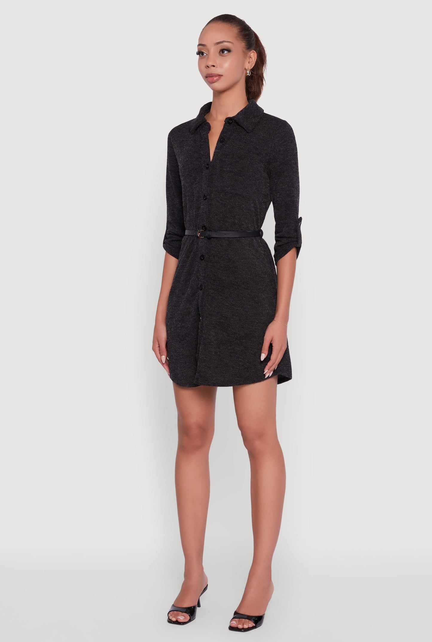 Marled Brushed Rib Knit Shirt Dress with Belt