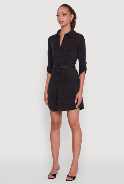 Marled Brushed Rib Knit Shirt Dress with Belt