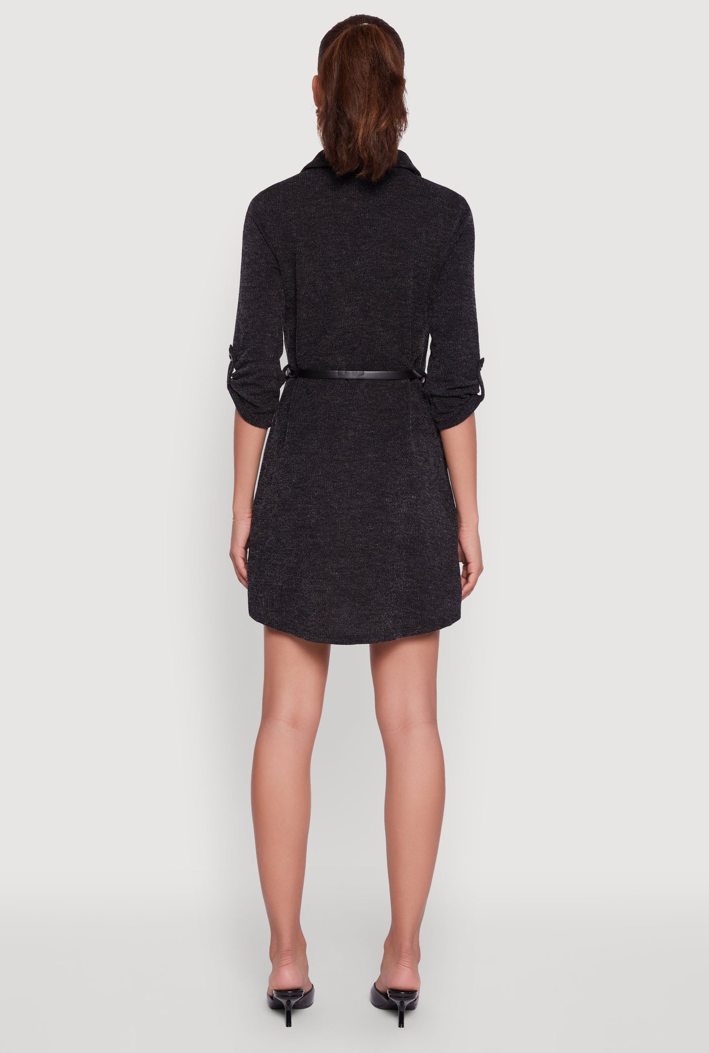 Marled Brushed Rib Knit Shirt Dress with Belt