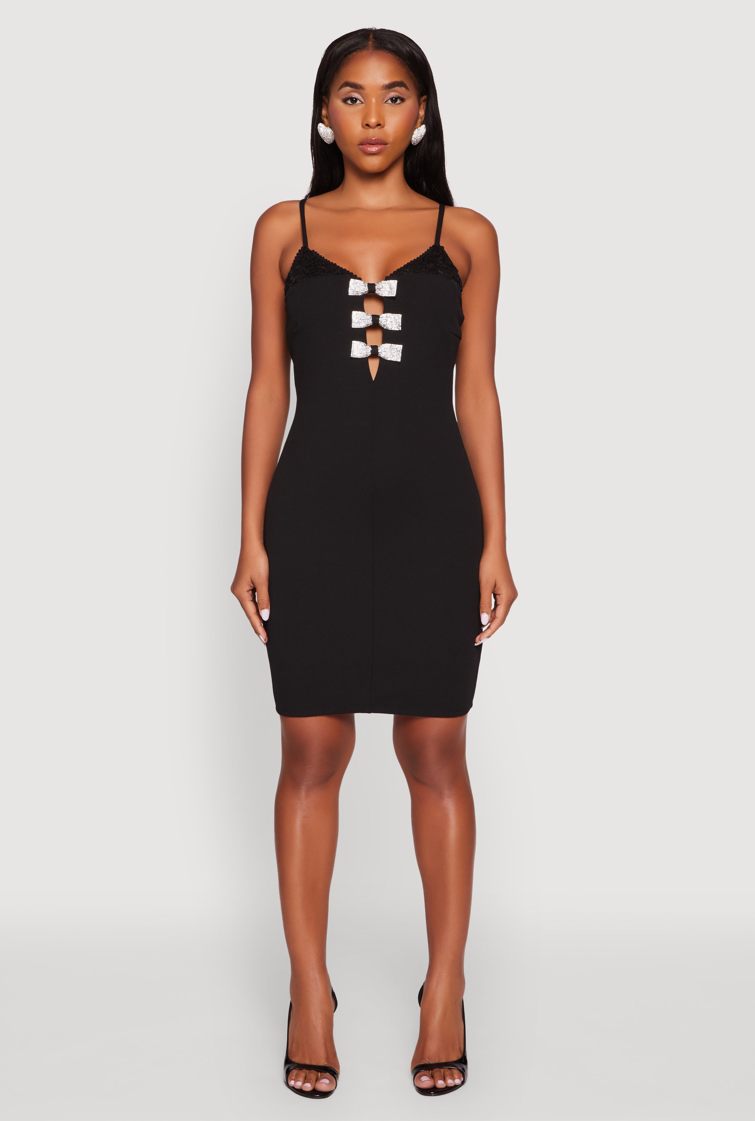 Sleeveless Crepe Knit Mini Dress with Rhinestone Bows