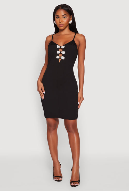 Sleeveless Crepe Knit Mini Dress with Rhinestone Bows