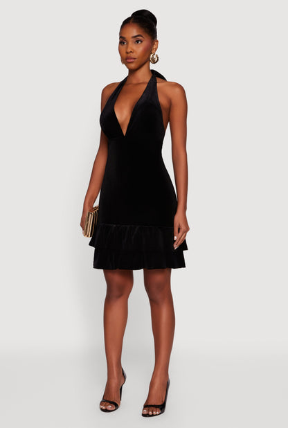 Velvet Ruffle Tiered Tie Back Halter Dress
