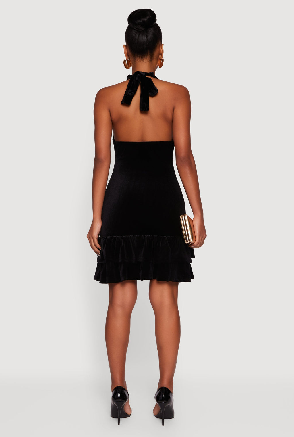 Velvet Ruffle Tiered Tie Back Halter Dress