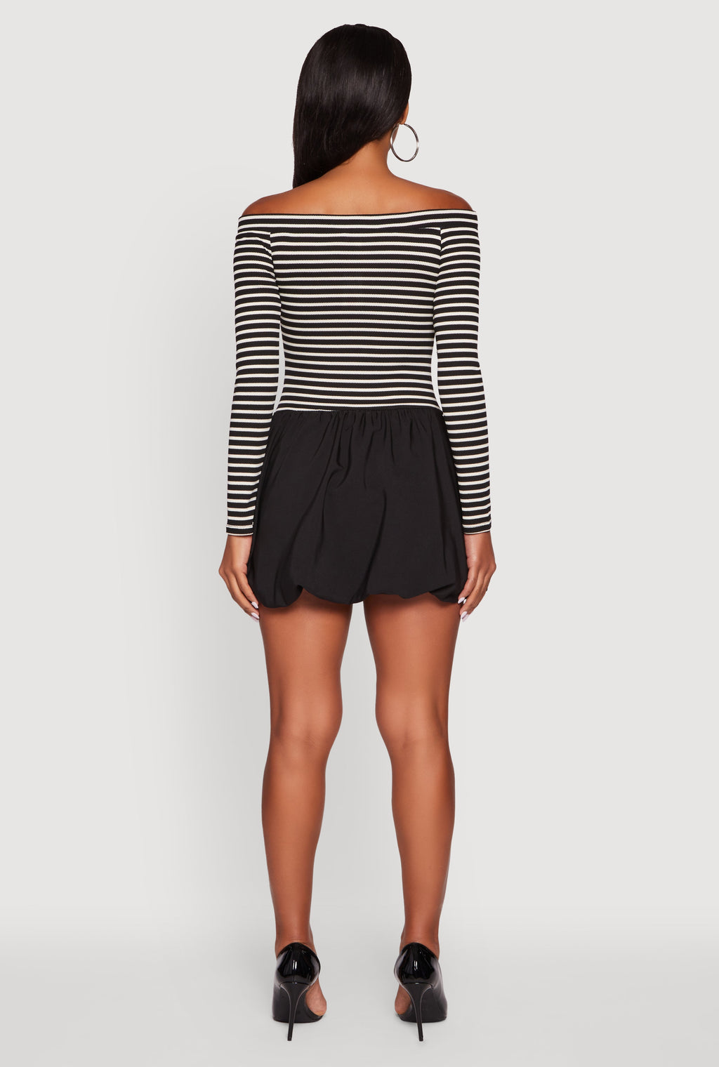 Striped Off The Shoulder Long Sleeve Bubble Hem Dress