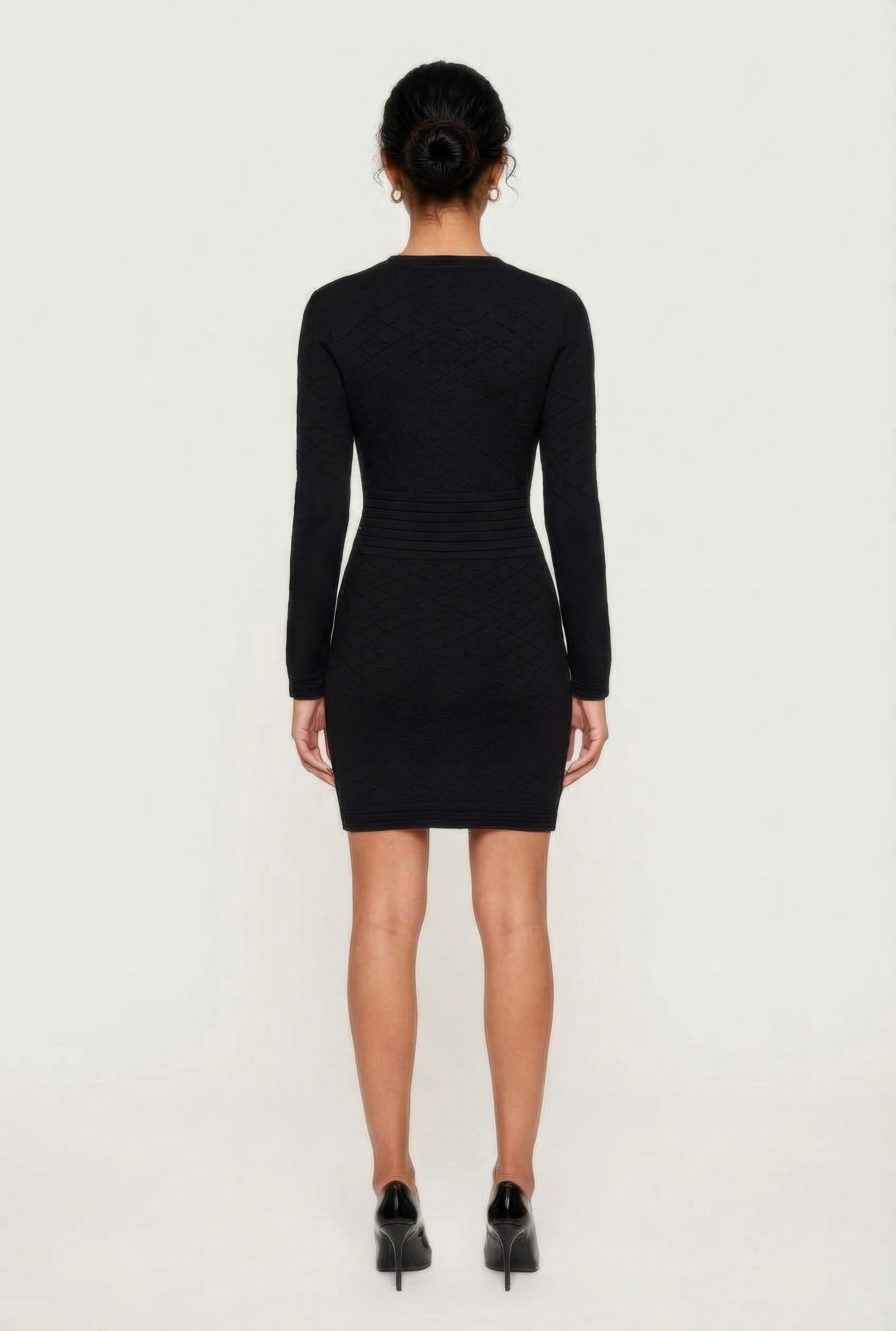 Textured Knit Button Detail Long Sleeve Sweater Dress