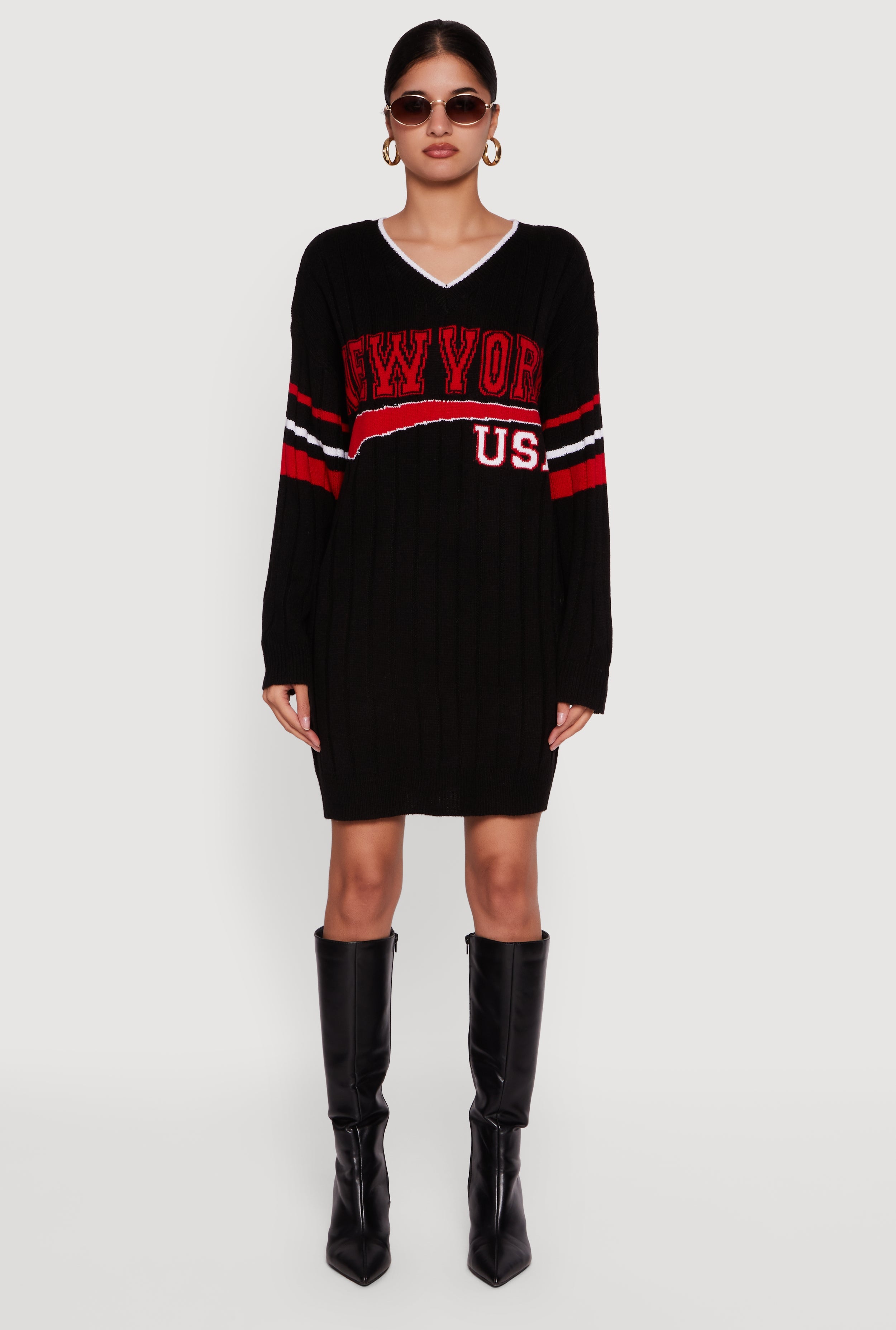New York USA Graphic Long Sleeve Sweater Dress
