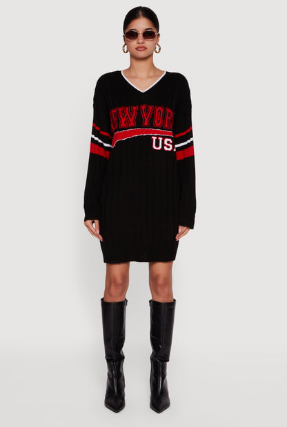 New York USA Graphic Long Sleeve Sweater Dress