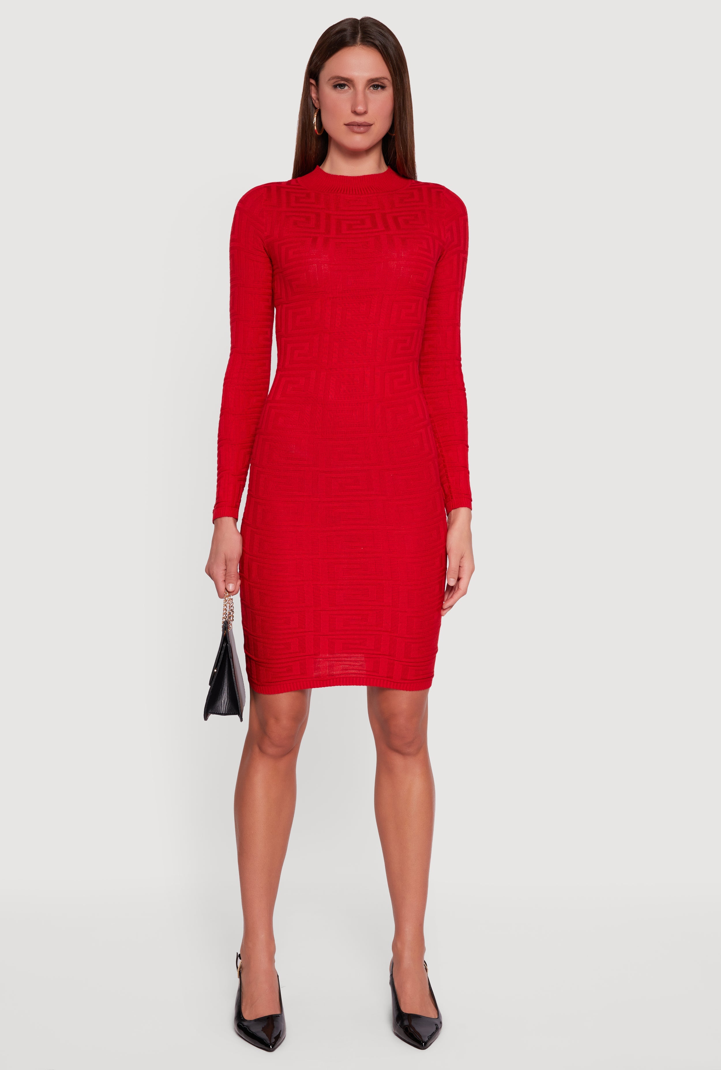 Long Sleeve Sweater Dress with Greek Key Pattern