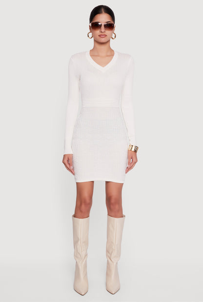 Greek Key Rib Knit Long Sleeve V-Neck Sweater Dress