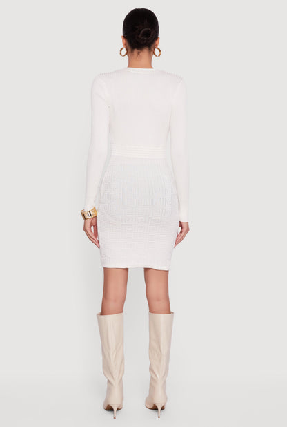 Greek Key Rib Knit Long Sleeve V-Neck Sweater Dress