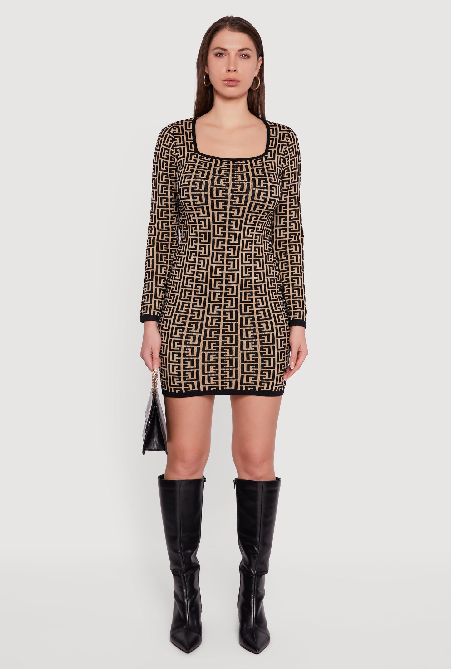 Printed Pattern Long Sleeve Square Neck Sweater Dress