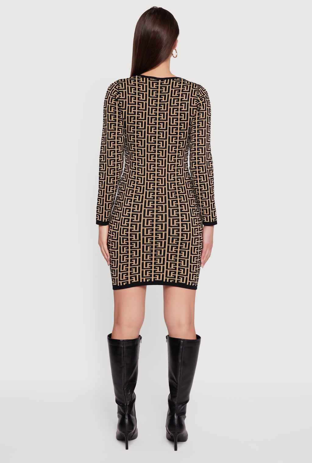 Printed Pattern Long Sleeve Square Neck Sweater Dress