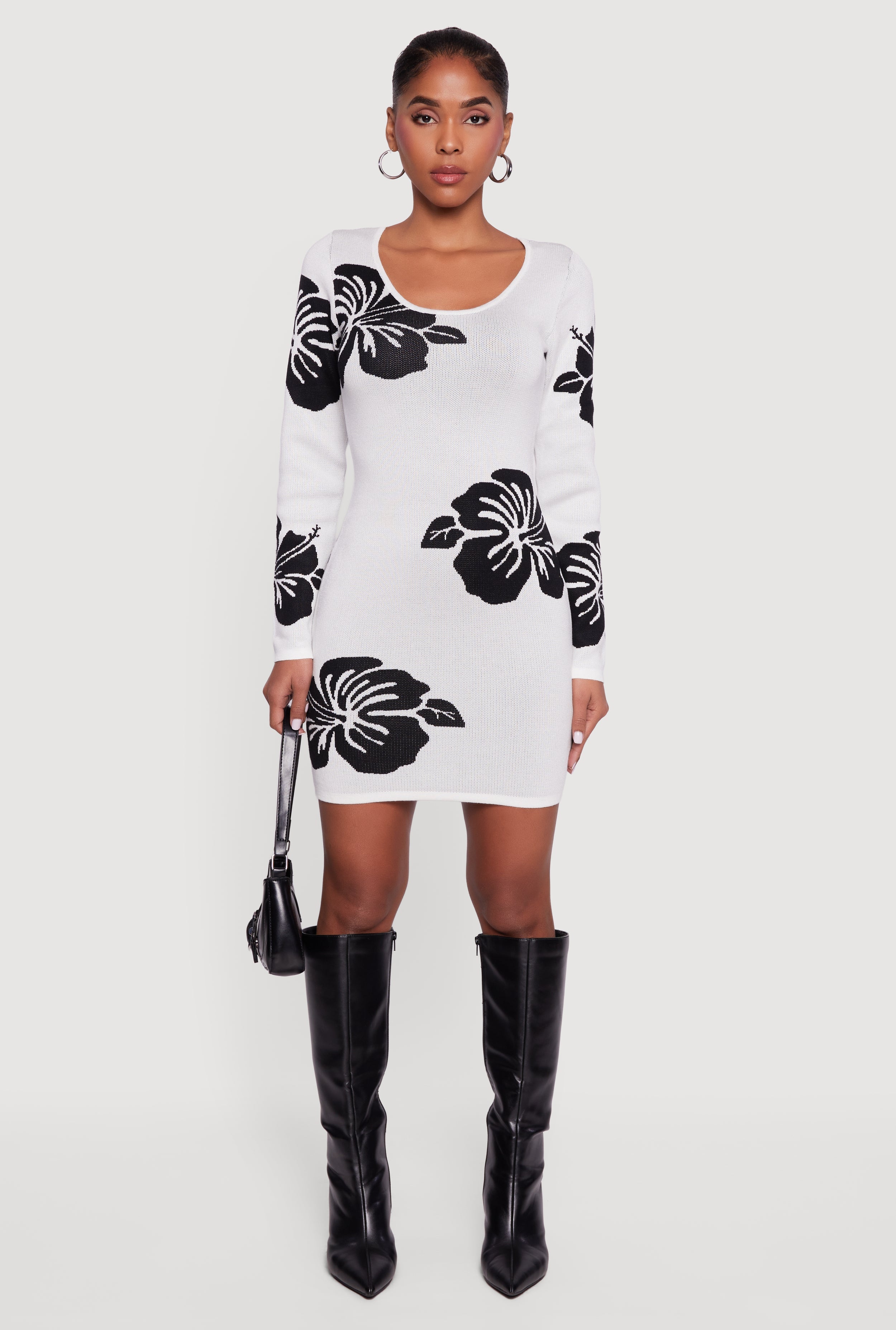 Long Sleeve Scoop Neck Printed Pattern Sweater Dress
