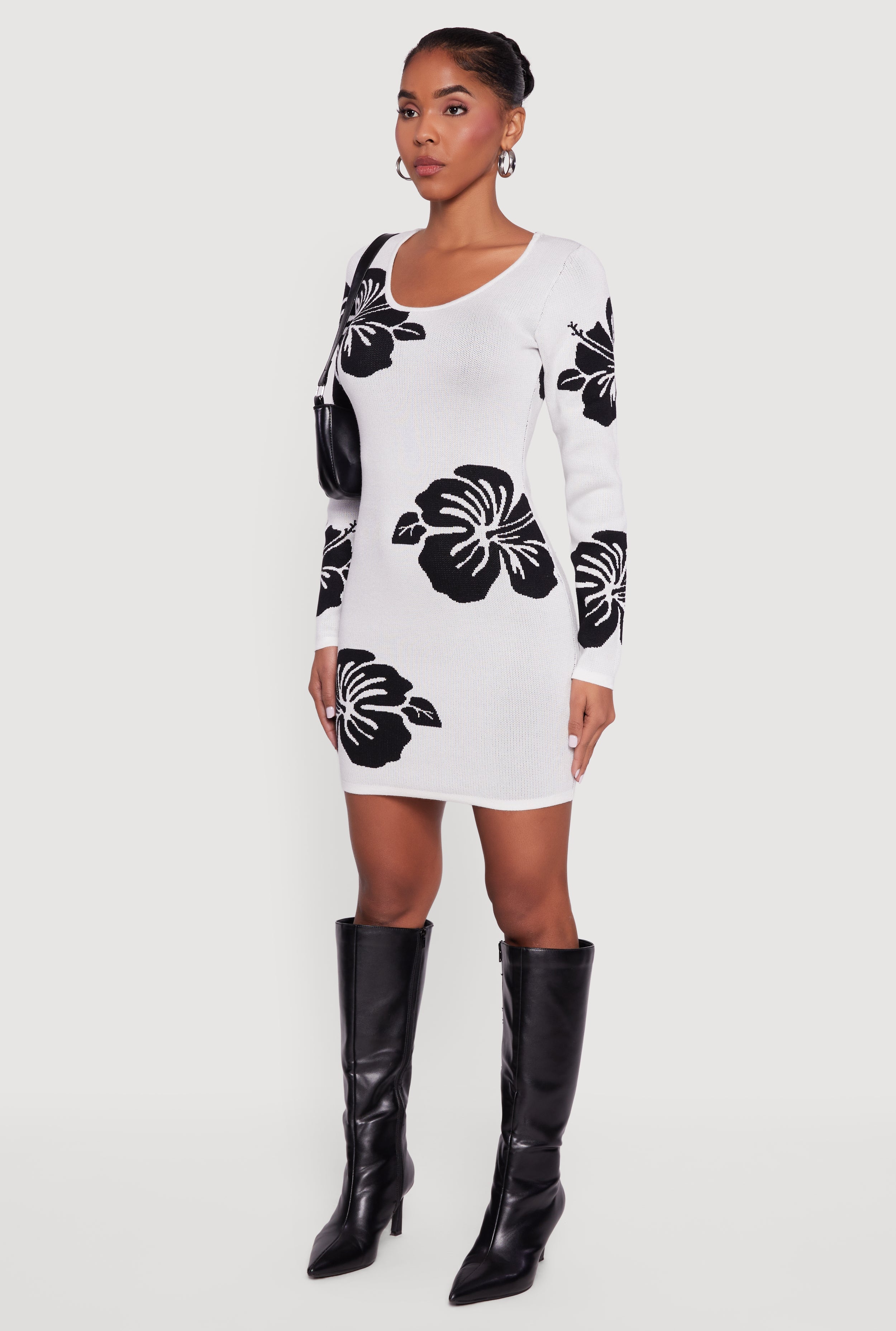 Long Sleeve Scoop Neck Printed Pattern Sweater Dress