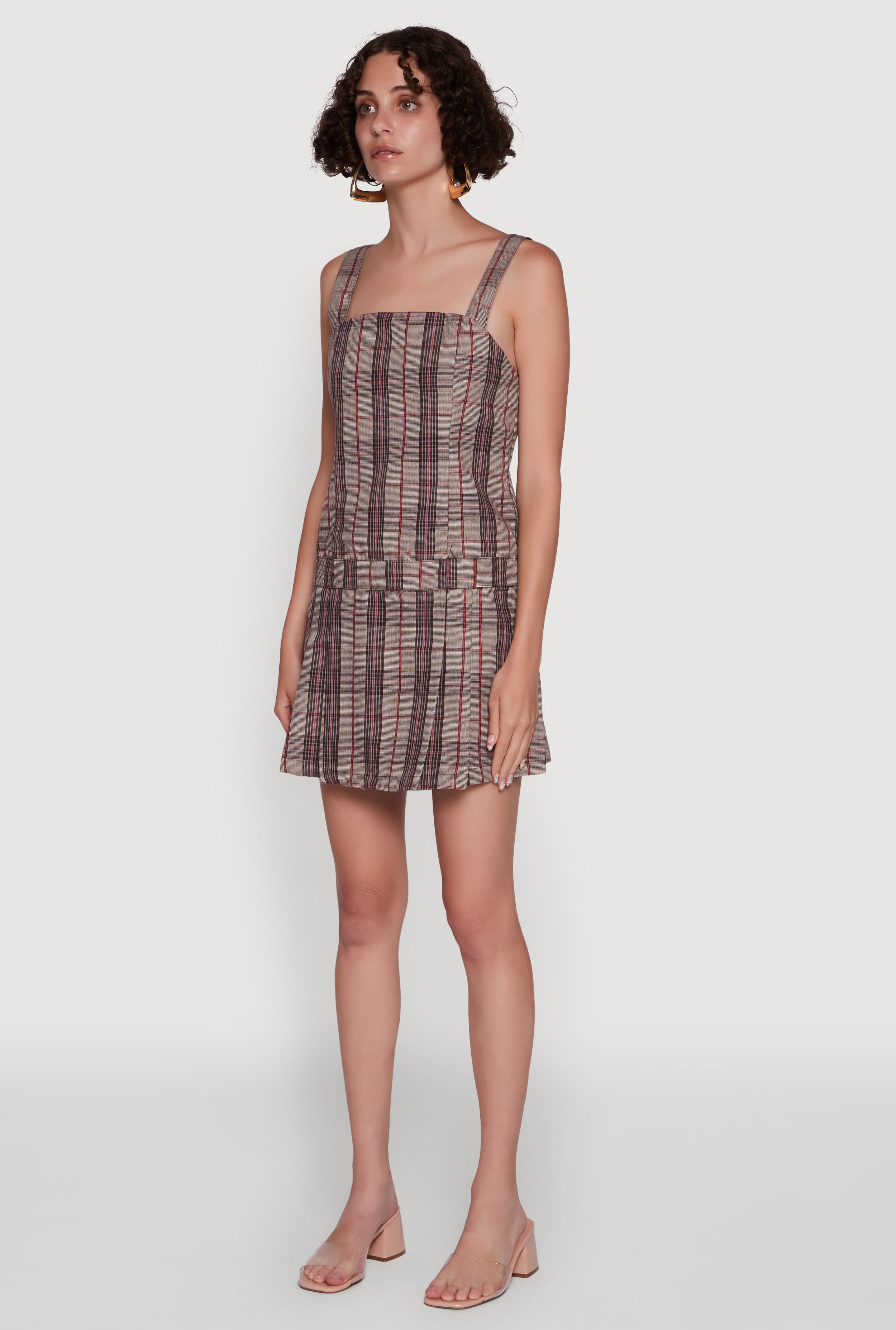 Plaid Square Neck Sleeveless Pleated Hem Dress