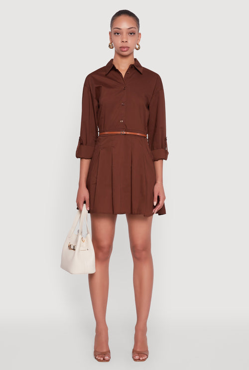 Tabbed Sleeve Belted Button Front Shirt Dress