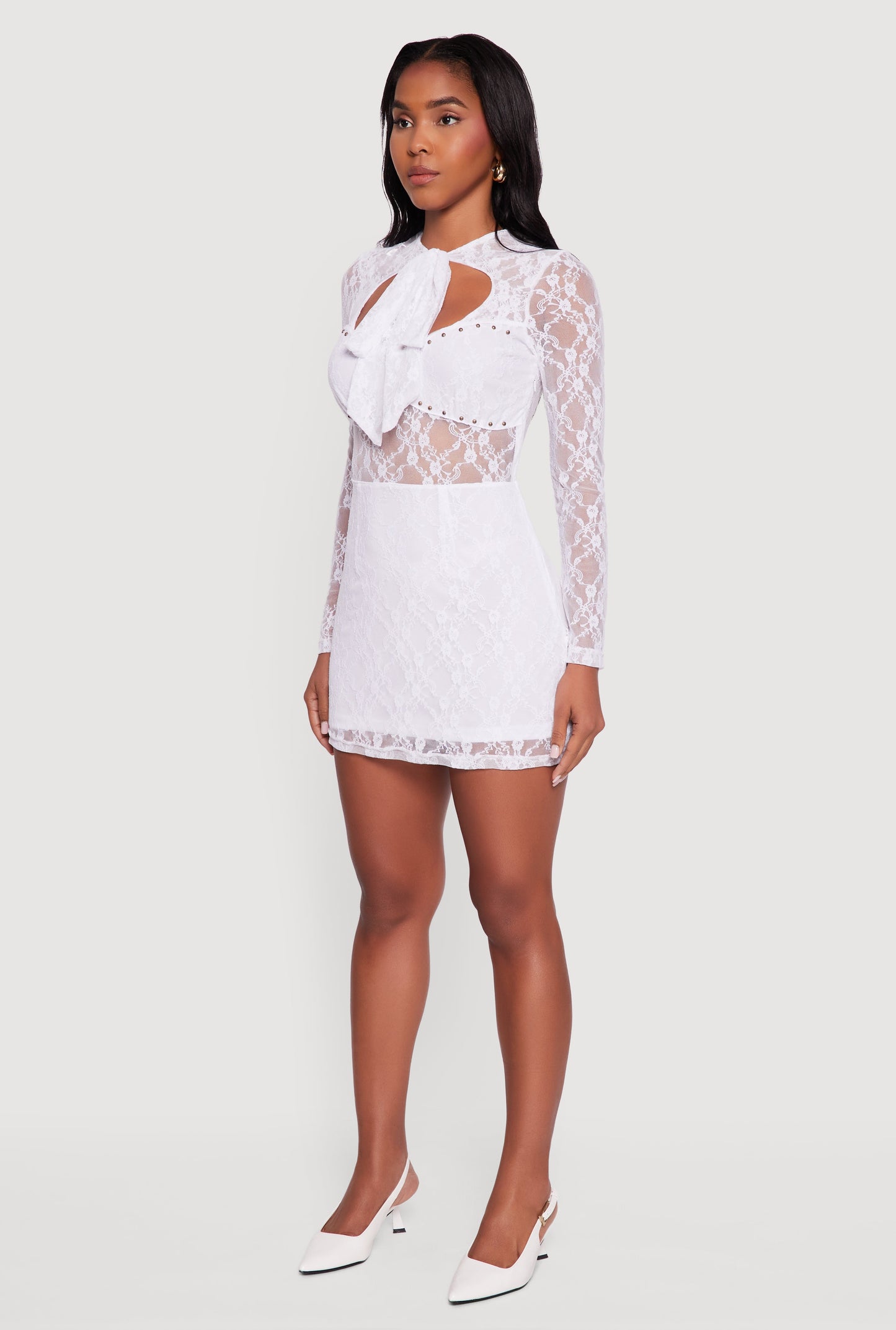 Floral Lace Tie Front Studded Keyhole Detail Micro Dress