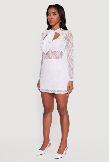 Floral Lace Tie Front Studded Keyhole Detail Micro Dress
