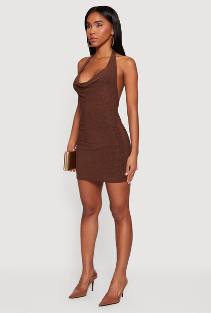 Glittery Cowl Neck Tie Back Halter Dress