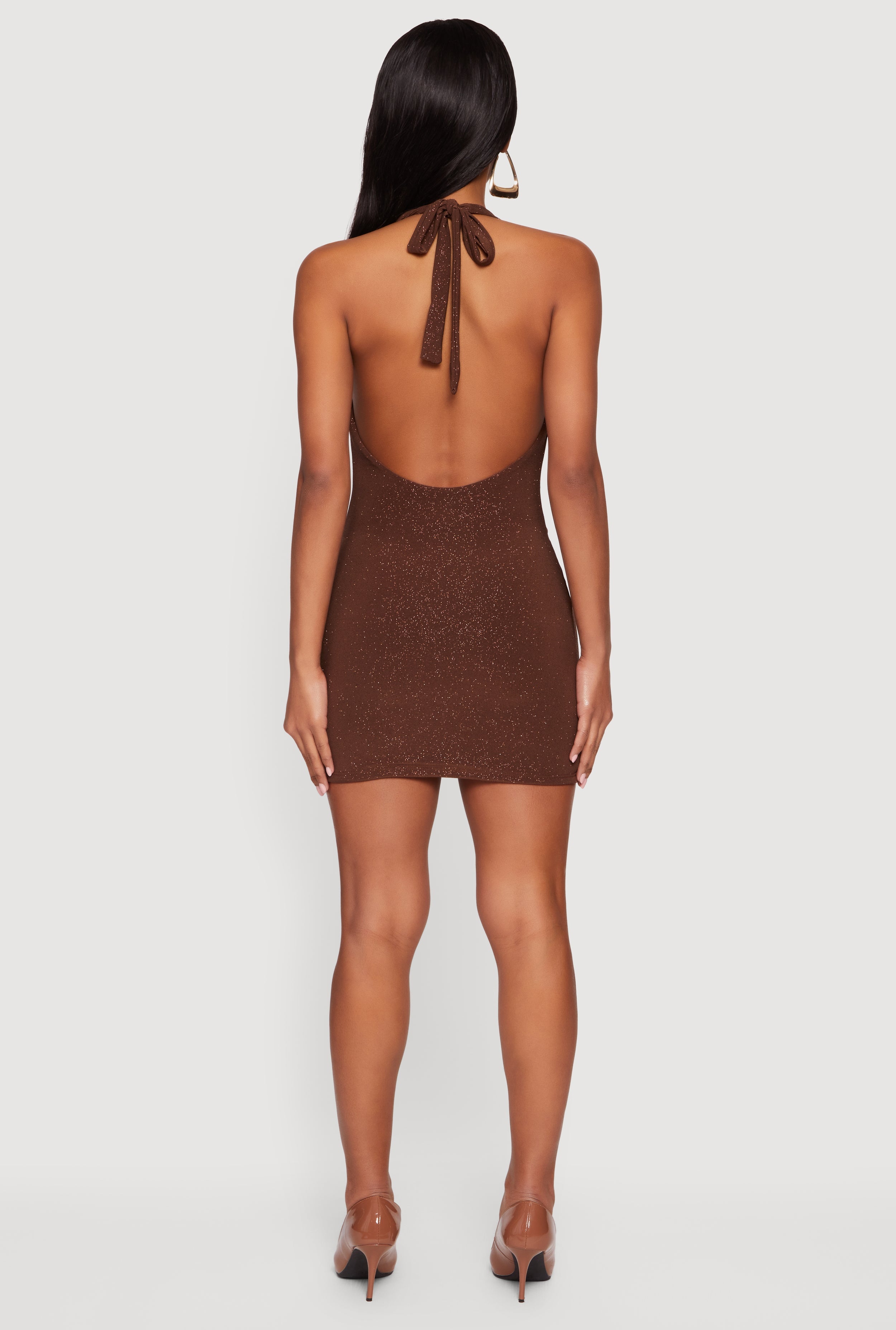 Glittery Cowl Neck Tie Back Halter Dress