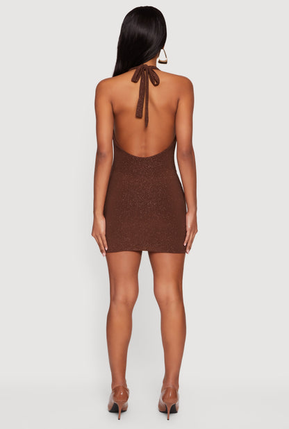 Glittery Cowl Neck Tie Back Halter Dress