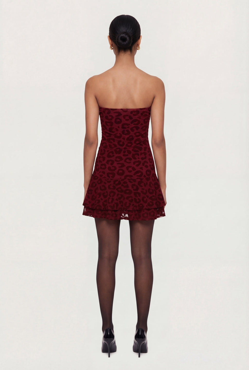 Leopard Velvet Burnout Strapless Tiered Mini Dress