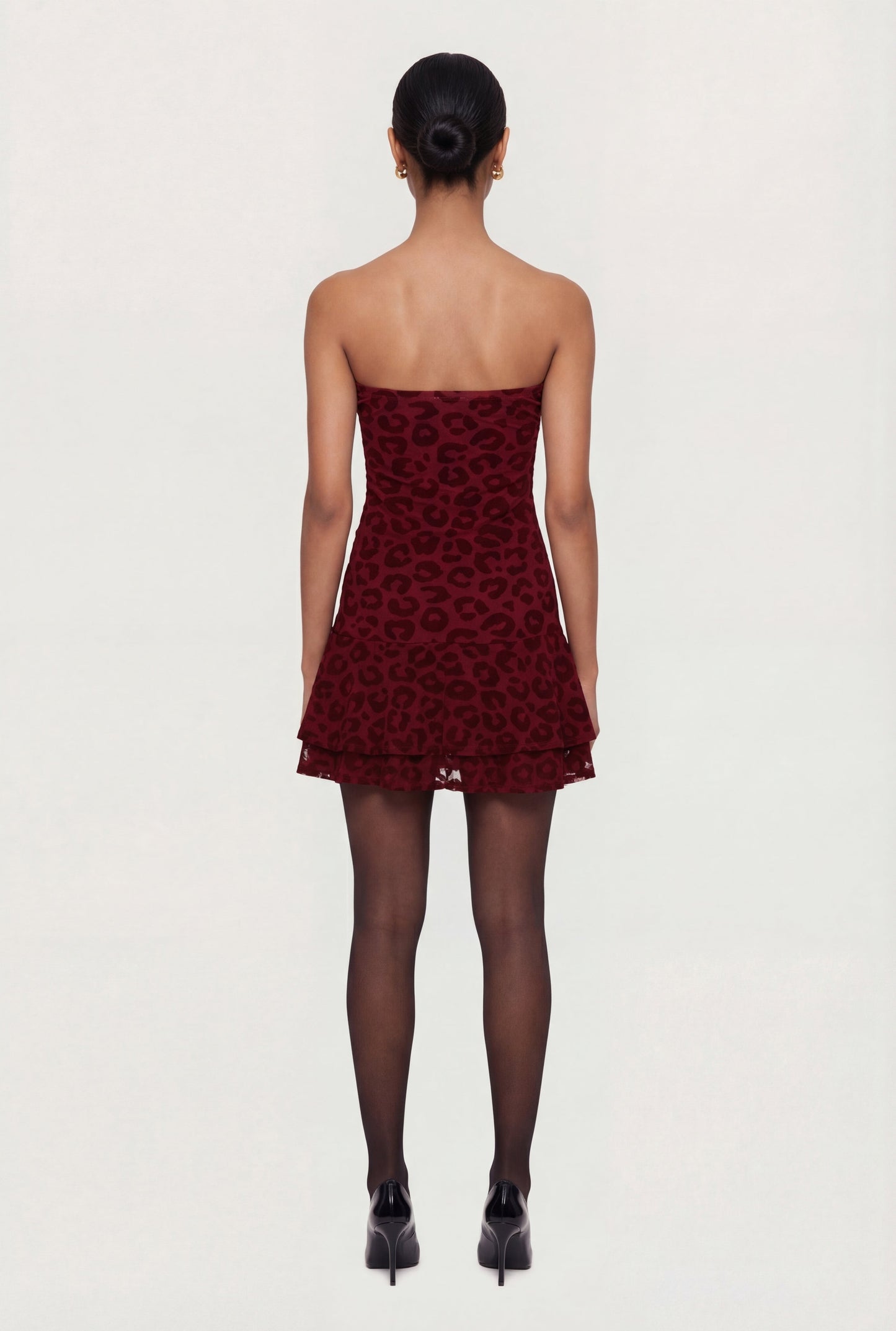 Leopard Velvet Burnout Strapless Tiered Mini Dress